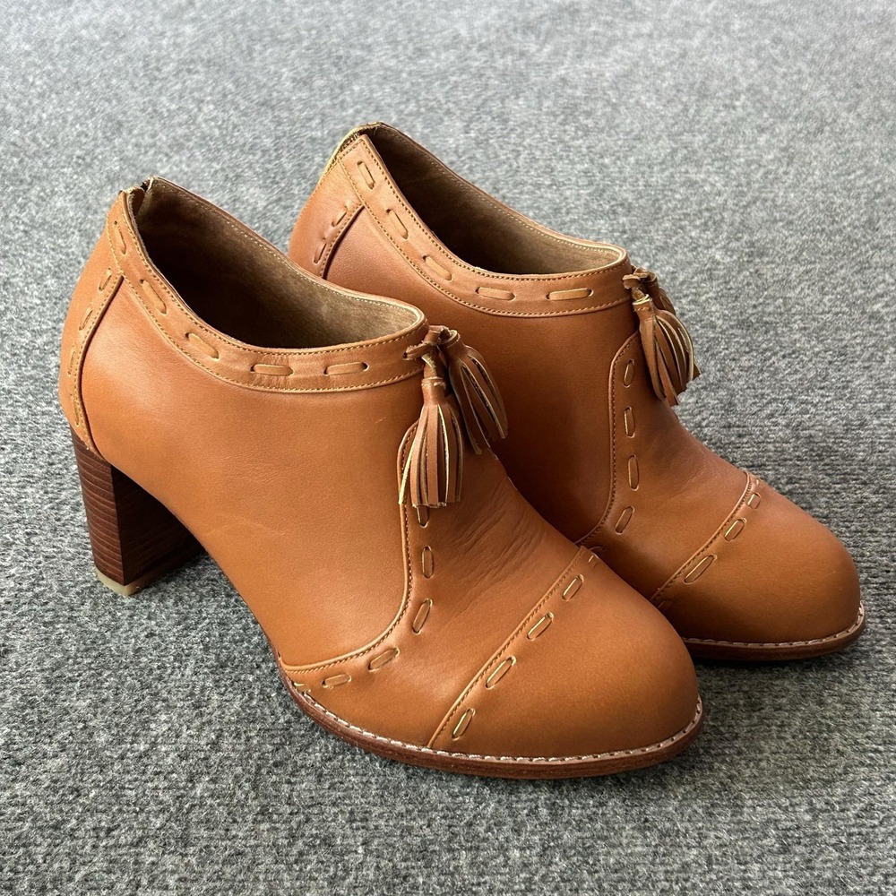 BaliELF Women Leather Ankle Booties Cognac Tassel Whipstitch Block Heel Sz 8